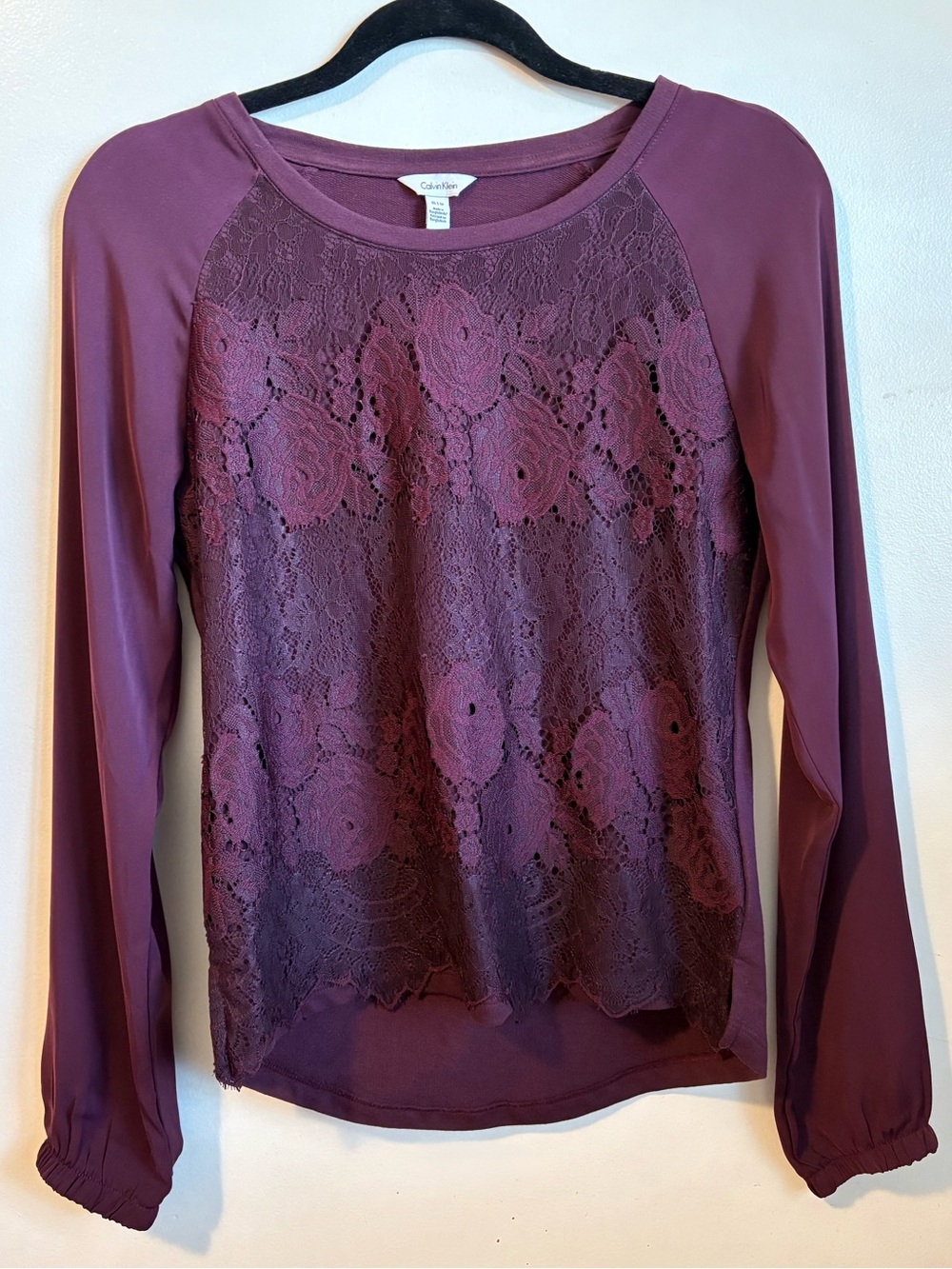 Calvin Klein Burgundy Lace Front Raglan L/S Romantic Blouse Top Size XS